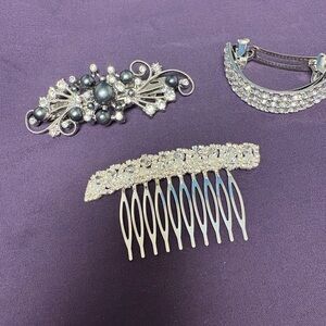 Elegant Silver and Blue Rhinestones and Beads Hair Accessories Set